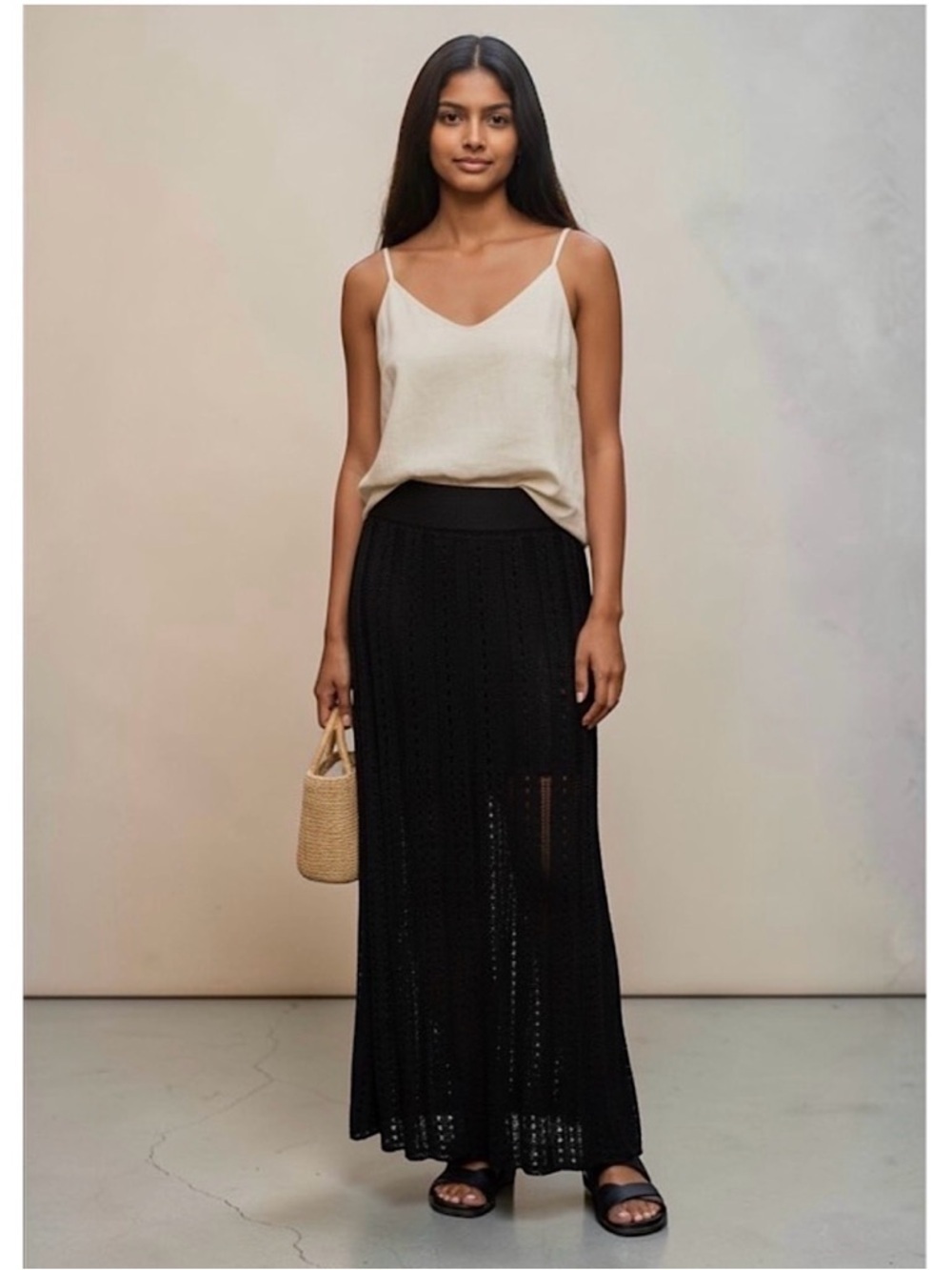 A.W.A.K.E Mode Perforated Crochet Knit Maxi Skirt